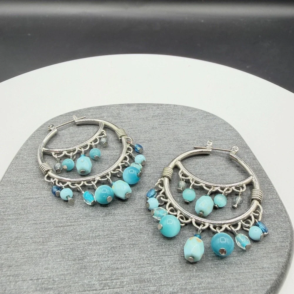 Silver Tone Turquoise Blue Beaded Chandelier Hoop Earrings Boho Statement Gift